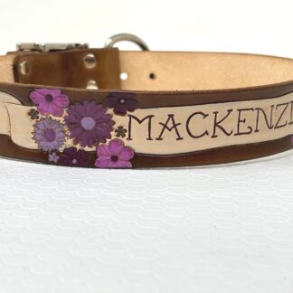 Purple Flower Banner Leather Dog Collar