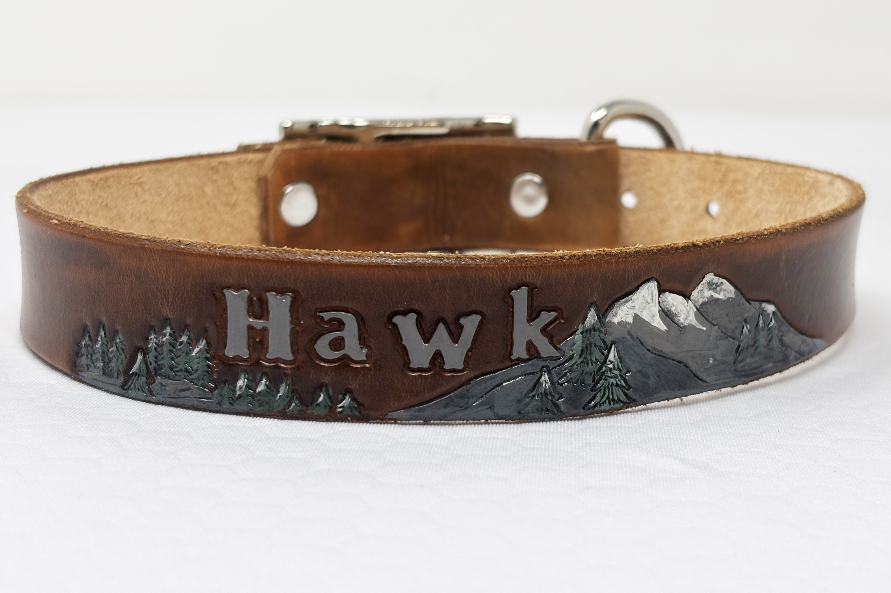 Custom Leather Mountain scene dog collar